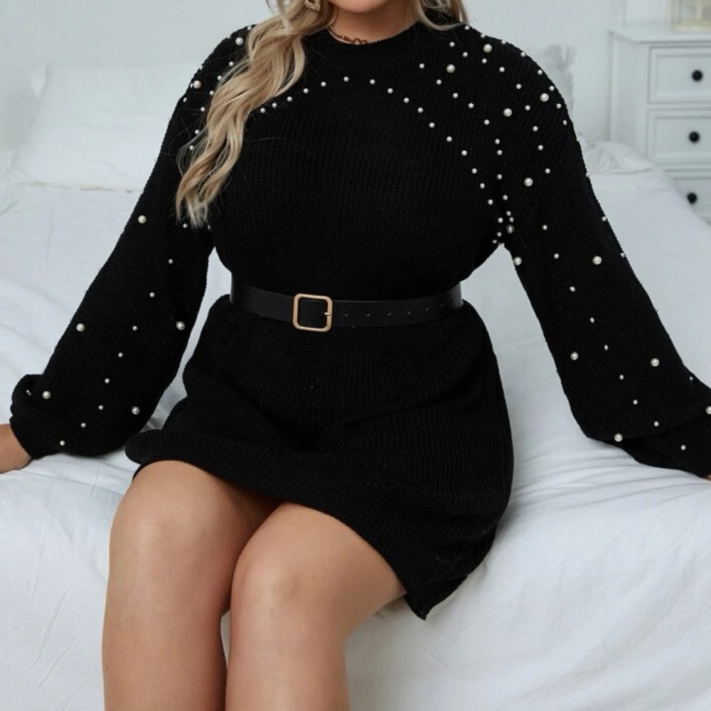 Plus size black beaded sweater dress